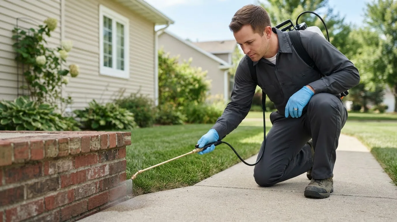 Pest control technician treating a home near Cadogan, PA